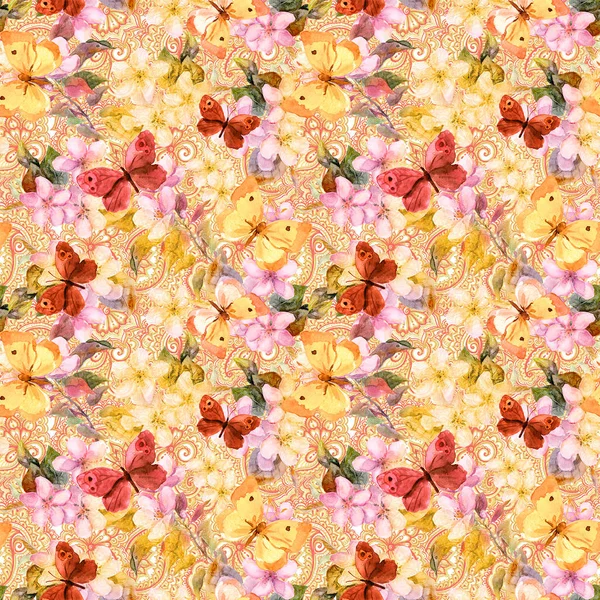 Virágok, pillangók, díszítő design. Akvarell. Varrat nélküli mintát — Stock Fotó