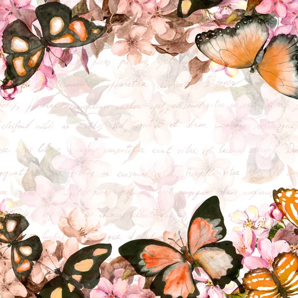 Метелики, квіти. Квіткова листівка. Урожай акварель — стокове фото