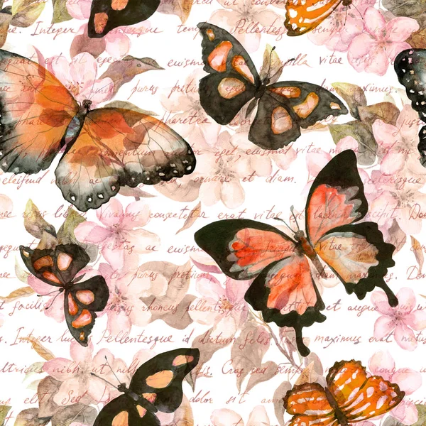 꽃, 나비, 손으로 쓴된 텍스트 노트. 수채화입니다. 원활한 패턴 — 스톡 사진