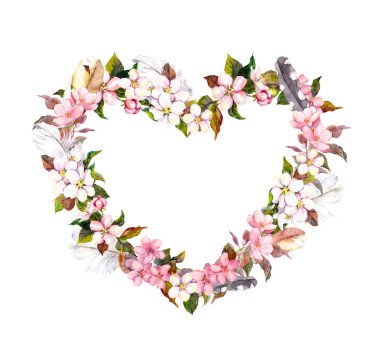 Çiçek çelenk - kalp şekli. Pembe çiçekler ve tüy. Vintage boho tarzda düğün suluboya Sevgililer günü,
