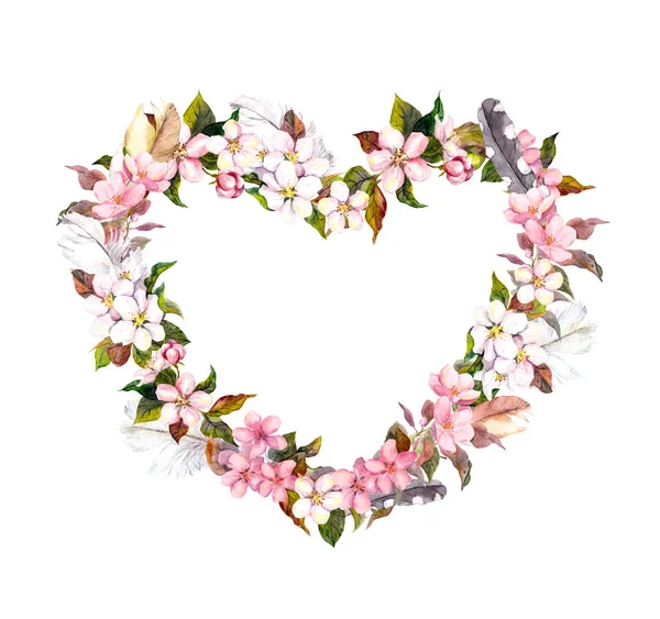 Floral wreath - heart shape. Pink flowers and feathers. Watercolor for Valentine day, wedding in vintage boho style — Stock Photo, Image