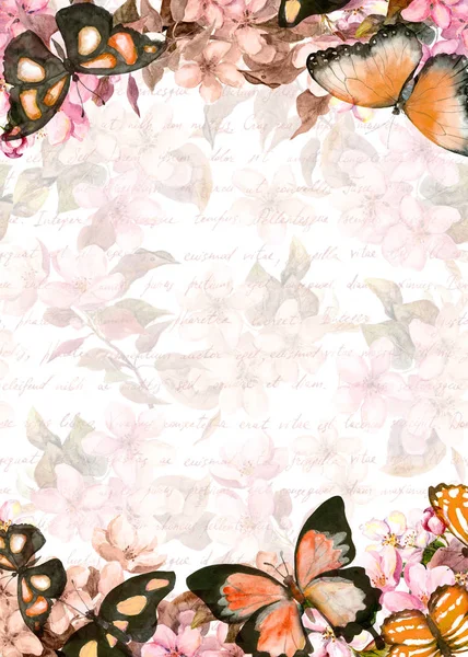 Butterflies, flowers. Floral card. Vintage watercolor — Stock Photo, Image