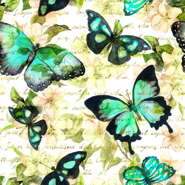 Flowers, butterflies, hand written text note. Watercolor. Seamless pattern — Stock Photo, Image