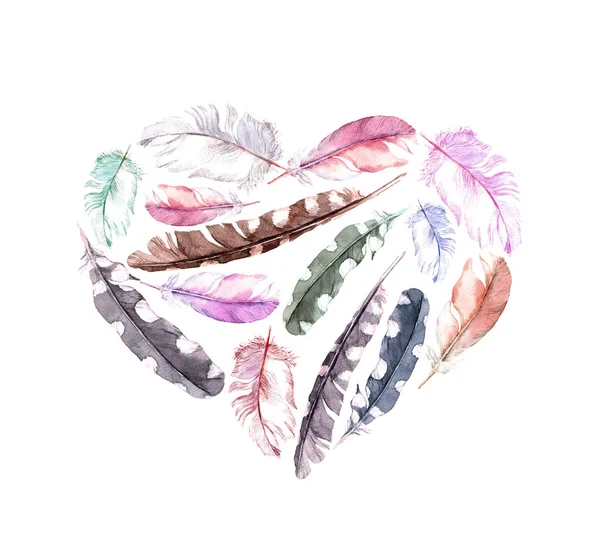 Coeur rétro avec plumes d'oiseaux. Aquarelle vintage — Photo