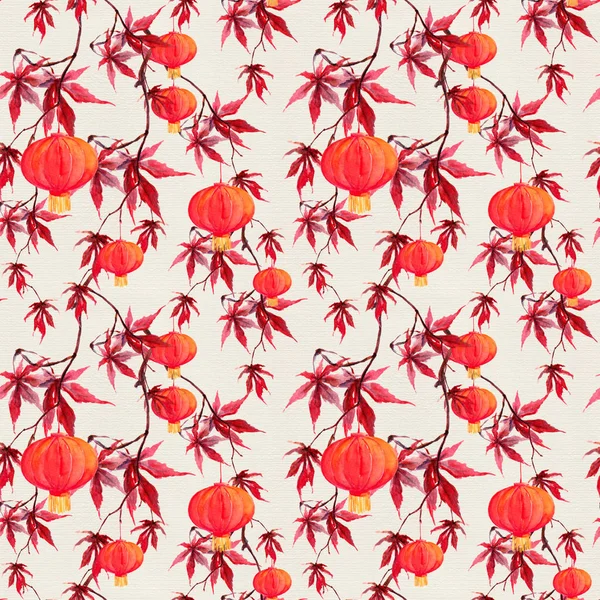 Roter Ahornzweig mit Papierlaterne. Chinesisches nahtloses Muster. Aquarell — Stockfoto