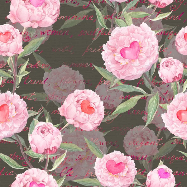 Pfingstrosenblumen, Herzen. nahtloses Blumenmuster. Aquarell — Stockfoto