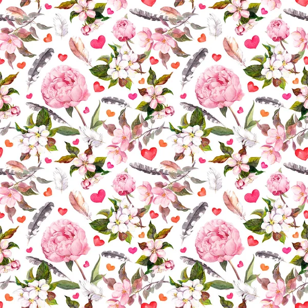 Flores de peonía, sakura, plumas. Patrón floral sin costuras. Acuarela —  Fotos de Stock