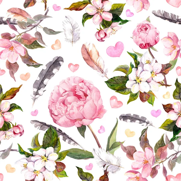 Flores de peónia, sakura, penas. Vintage padrão floral sem costura. Aquarela — Fotografia de Stock