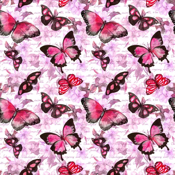 Bloemen, vlinders, handgeschreven tekst letters. Aquarel. Naadloze patroon — Stockfoto