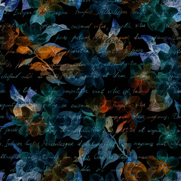 Night mysterious flowers, hand written letter text. Black background. Seamless pattern — Stock Photo, Image