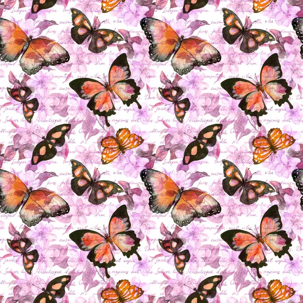Blumen, Schmetterlinge, handgeschriebene Textnotizen. Aquarell. nahtloses Muster — Stockfoto