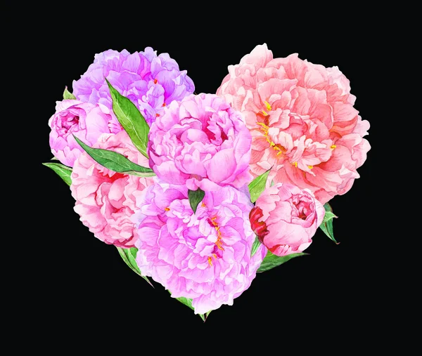 Floral καρδιά - ροζ παιωνία λουλούδια. Νερομπογιά για ημέρα του Αγίου Βαλεντίνου, γάμος — Φωτογραφία Αρχείου