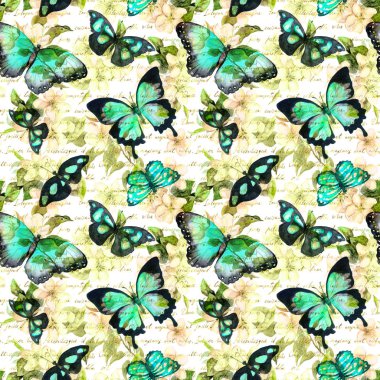 Çiçekler, kelebekler, yazılı metin not ver. Suluboya. Seamless modeli