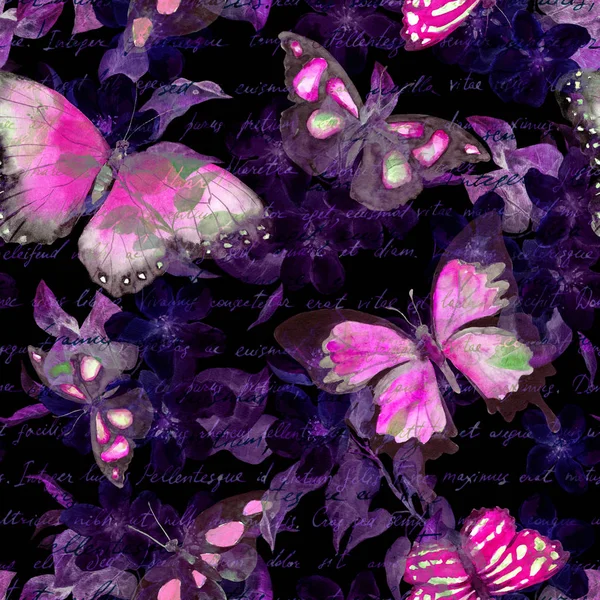 Blumen, glühende Schmetterlinge, handgeschriebene Textnotizen auf schwarzem Hintergrund. Aquarell. nahtloses Muster — Stockfoto