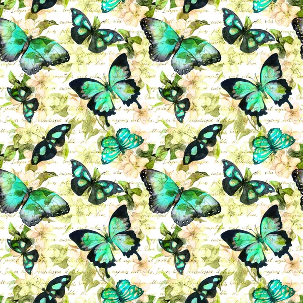 Çiçekler, kelebekler, yazılı metin not ver. Suluboya. Seamless modeli