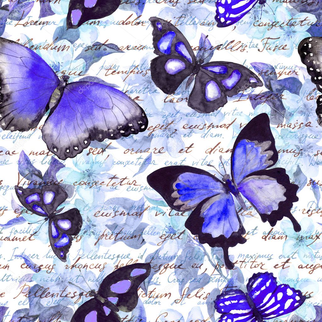 Flowers, butterflies, hand written text note. Watercolor. Seamless pattern