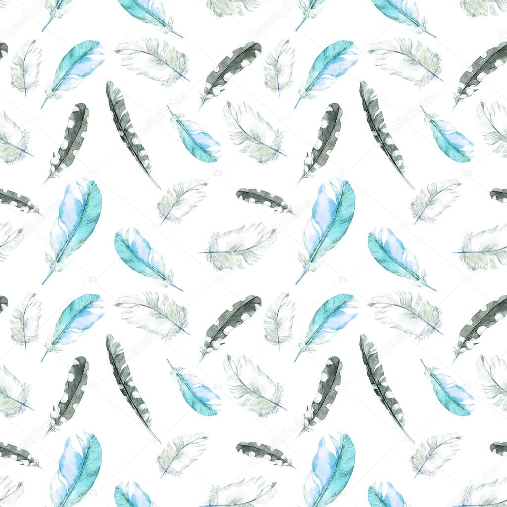 Birds feathers seamless pattern. Watercolor print