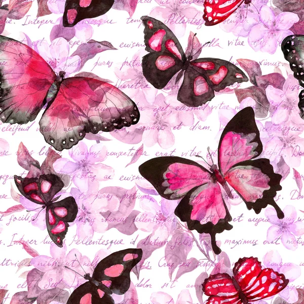 Flowers, butterflies, hand written text note. Watercolor. Seamless pattern — Stock Photo, Image