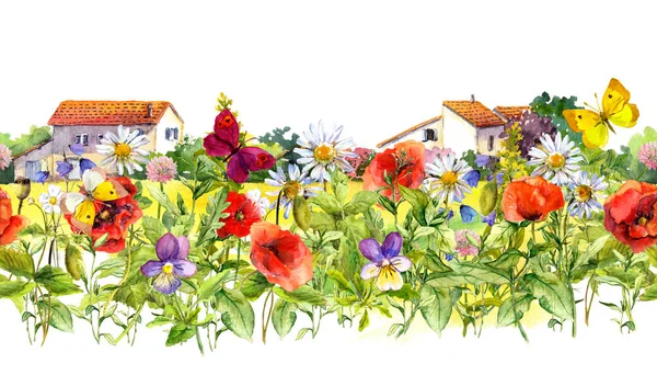 Nyári virágok - pipacs, kamilla, réti perje, pillangók, házak gazdaságban. Virágos határ. Akvarell. Gördülékeny a frame vidéki stílusban — Stock Fotó