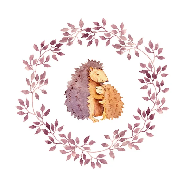 Animal hugs - mother hedgehog embrace her child. Watercolour in floral wreath