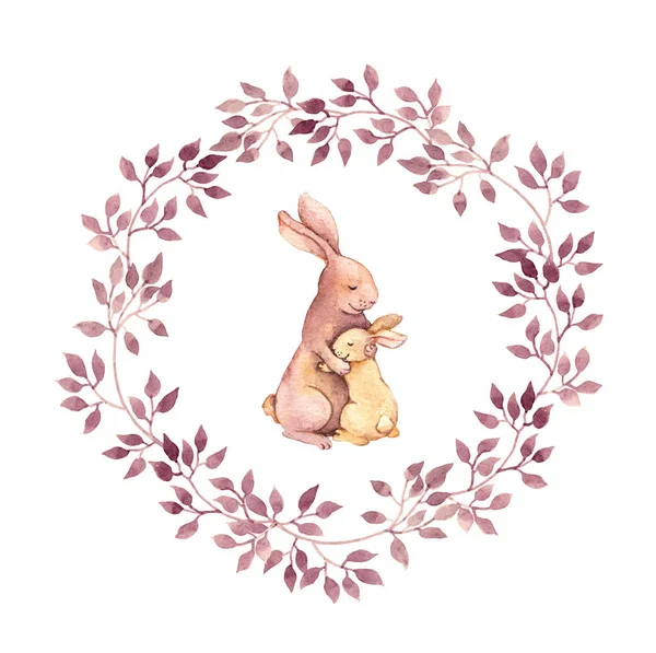 Animal hugs - mother rabbit embrace her baby. Watercolor hand painted picture in floral wreath — Stock Photo, Image