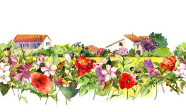 Çayır çiçek, çimen, otlar, ülke yatay. Suluboya çiçek sınır - Pastoral kırsal konutlarında sahne. Yinelenen desenli.