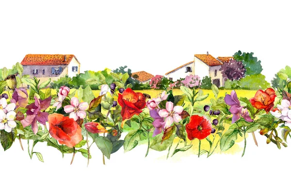 Paesaggio rurale con fiori di prato, erba, erbe aromatiche. Bordo floreale ad acquerello - idilliaca scena di case rurali. Ripetizione del motivo a strisce . — Foto Stock