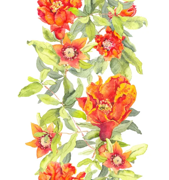 Ρόδι κόκκινο λουλούδια. Απρόσκοπτη άνθινο πλαίσιο. Ακουαρέλα — Φωτογραφία Αρχείου