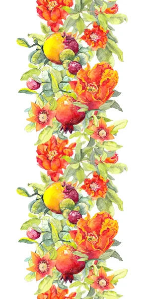 Pomegranate fruits, red flowers. Seamless floral border. Watercolor banner — Stock Photo, Image
