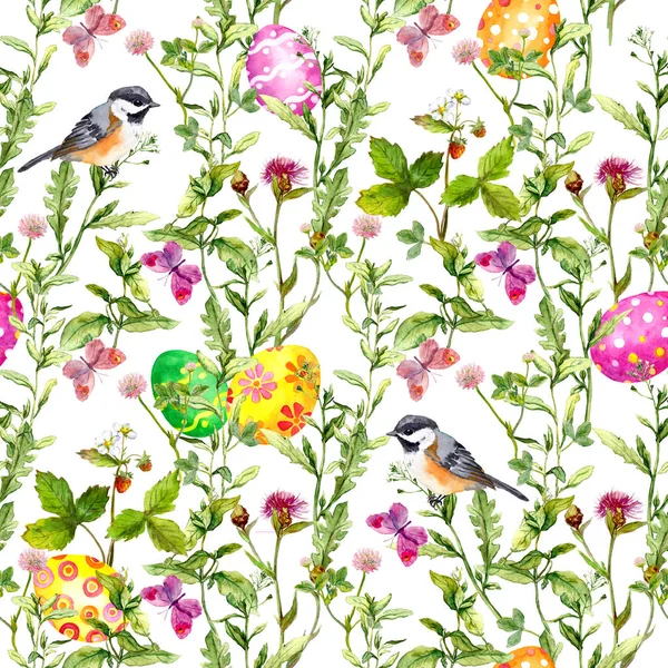 Easter egg hunt. Colored eggs in grass. Seamless pattern - cute bird, flowers, butterflies. Watercolor — Stock Photo, Image