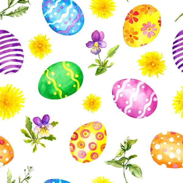 Easter eggs and spring flowers. Seamless background. Watercolor — Stock Photo, Image