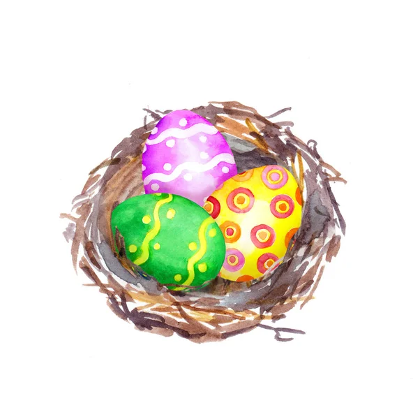 Wielkanoc gniazdo z jajkami. Akwarela — Zdjęcie stockowe