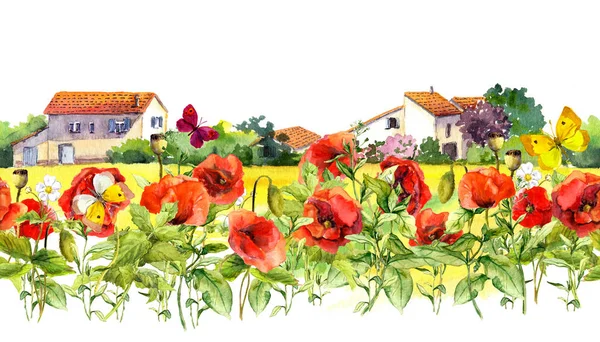 Nyári pipacs virágok, pillangók, Provence-i ház. Virágos határ. Akvarell ismételt keret csík — Stock Fotó