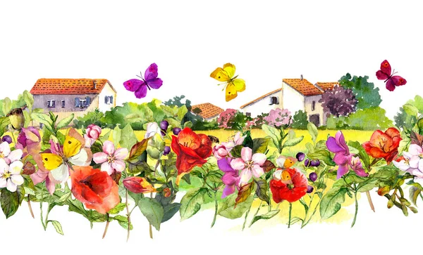 Frontera floral vintage - casas de campo. Acuarela flores de verano, mariposas. Marco sin costuras —  Fotos de Stock