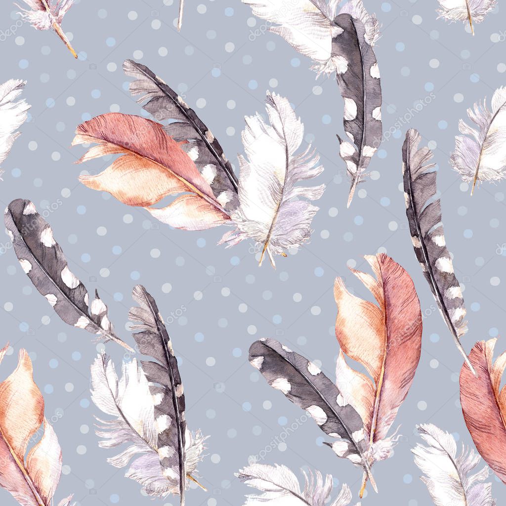 Vintage feathers drawing. Watercolor seamless pattern. Background with dots