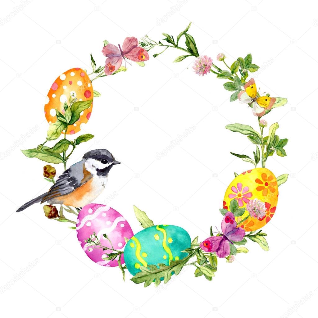 Easter wreath with colored eggs, bird in grass and flowers. Round frame. Watercolor
