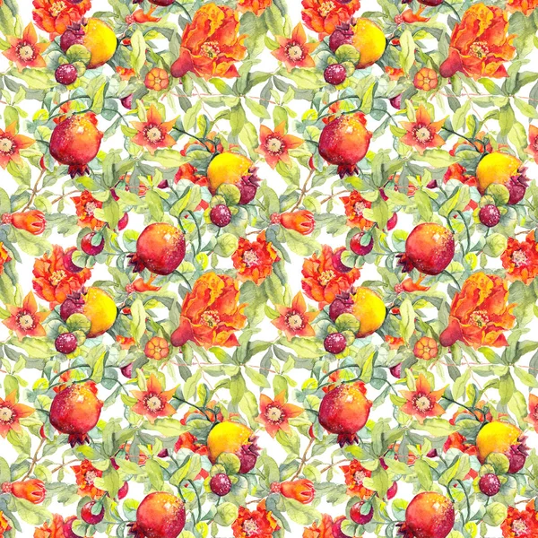 Ρόδι φρούτα, κόκκινα λουλούδια. Απρόσκοπτη λουλουδάτο μοτίβο. Ακουαρέλα — Φωτογραφία Αρχείου