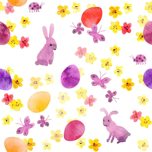 Easter bunny, colored eggs in flowers and butterflies. Cute seamless floral easter pattern. Watercolor — Stock Photo, Image