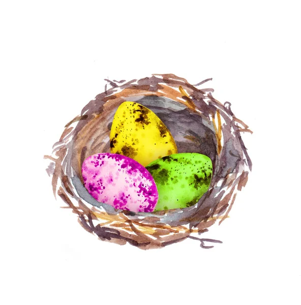 Nid avec des œufs de Pâques colorés. Aquarelle — Photo