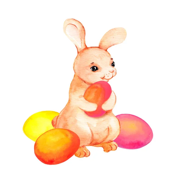 Påskharen med färgade ägg. Akvarell — Stockfoto