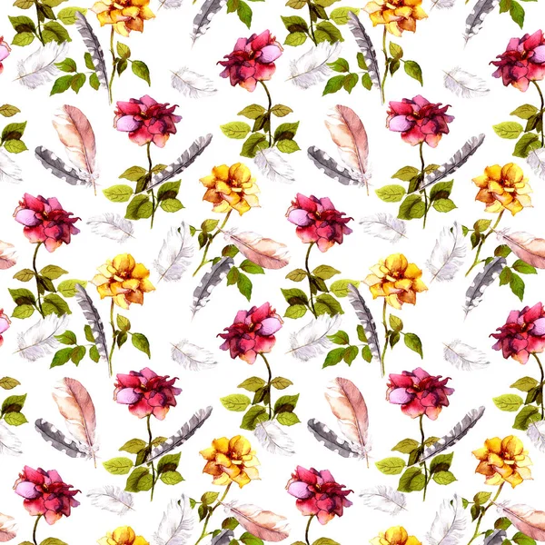 Roses, feathers. Seamless pattern. Watercolor — Stock Photo, Image