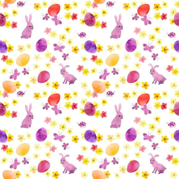 Easter bunny, colored eggs in grass and flowers. Naive seamless floral easter pattern with eggs. Watercolor — Stock Photo, Image