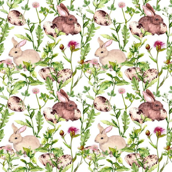 Пасхальний кролик з яйцями в траві і квітами. Безшовний квітковий великодній візерунок. Акварель — стокове фото