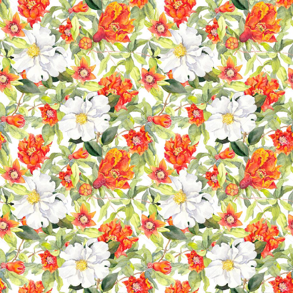 Pomegranate blossom, white camelia flowers. Seamless floral pattern. Watercolor