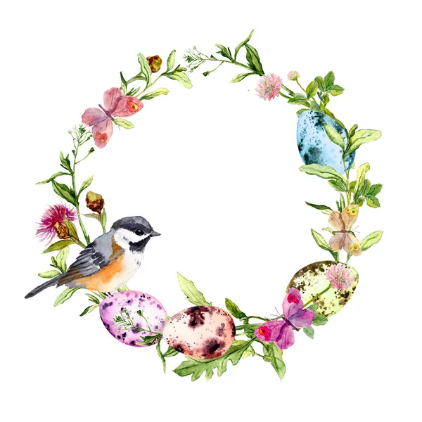 Påsk krans med färgade ägg, fågel i gräs, blommor. Rund ram. Akvarell — Stockfoto