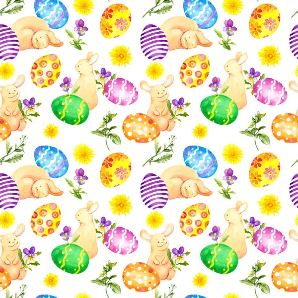 花の色の卵は、イースターのウサギ。シームレス パターン。水彩 — ストック写真