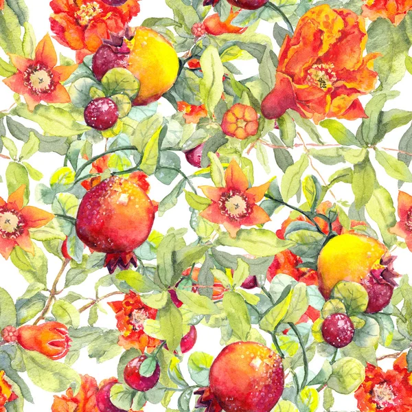 Frutos de granada, flores rojas. Patrón floral sin costuras. Acuarela —  Fotos de Stock