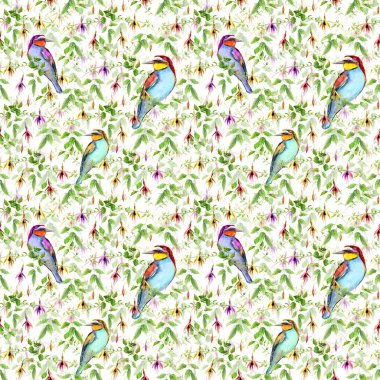 Egzotik pembe çiçekler ve parlak tropikal kuşlar. Sorunsuz çiçek desenli. Suluboya