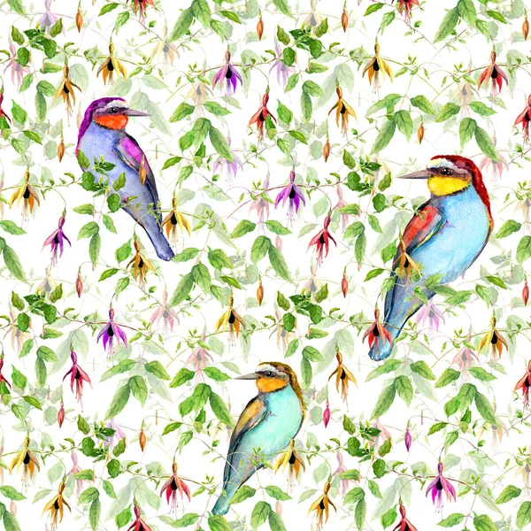 Exotic flowers and bright tropical bird. Repeating floral pattern. Watercolor — Stock Photo, Image