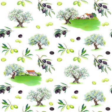 Zeytin dalı, zeytin ağaçları, Provence evler. Fransız seamless modeli. Suluboya Provence